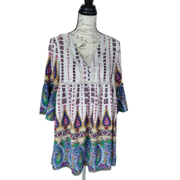 Umgee USA VNeck bell Sleeve Print Baby Doll Boho Peasant Dress style Tops M READ - Picture 10 of 16
